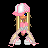 Pixel art character with pink and white cap, blonde hair, pink top, gray shorts, and white sneakers standing in a pose next to purple text on black background.