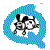 Animated blue Q-shaped speech bubble containing a black-and-white cartoon dog with red eyes, showing sequential movement from left to right