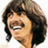 Pixelated close-up of a person with dark hair and light skin smiling broadly, showing teeth.