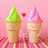 Two pixelated ice cream cones with smiling faces hold hands, one green-topped and one pink-topped, against a pink background with a red heart and striped surface.