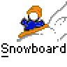 Pixel art contact sheet showing five animated frames of a snowboarder character on a snowy slope with falling snow, each frame displaying slight pose variations.