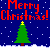 Pixelated Christmas scene with red text, green tree, and snow on blue background; two identical frames show full view while third shows cropped version.