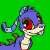 A 4-frame animated contact sheet of a purple cartoon dragon with red eyes and blue horns, shown in profile against a green background with tongue out.