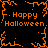 Pixelated orange text and decorative elements on black background, repeating 'Happy Halloween' with stylized borders.