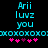 Pixelated cyan text reads 'Arii luvz you' above a horizontal line of XOXO symbols and pink heart icons on black background.