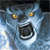 A pixelated blue creature with glowing yellow eyes and an open mouth showing sharp teeth against a dark background.