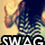 A pixelated figure in a striped shirt with arms raised, displaying the word 'SWAG' at bottom left.