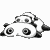 A black-and-white cartoon panda in a car-shaped vehicle cycles through multiple expressions and poses across four of frames