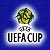 Pixelated blue background with central trophy icon and 'UEFA CUP' text below, rendered in low-resolution digital style.