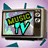 Animated sequence of a retro television displaying various music-themed visuals including text and abstract shapes.