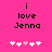 Pixelated text 'i love Jenna' on bright pink background with five white and one light pink heart symbols below.