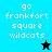 Pixelated text 'go frankfort square wildcats' on split background with black and cyan star icons.