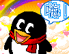 Animated contact sheet of a cartoon penguin mascot with red scarf performing various expressions and gestures across 12 frames, set against colorful background with hearts and sparkles.
