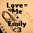 Pixelated static image with black text on a beige background showing 'Love = Me + Emily :3' and a brown heart outline.