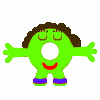 Four cartoon characters with circular bodies, brown hair, and red mouths in various poses against a white background.