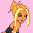 Pixelated character with blonde hair in a high bun, wearing black dress and white accessories against pink background.