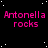 Pixelated text 'Antonella rocks' repeated across a black background with white stars, with a gray rectangle in the bottom-right corner.
