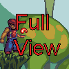 Pixel art image of a character in blue overalls and red shirt holding a glowing object, with large red text reading "Full View" overlaid on green terrain background.