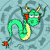Animated contact sheet of a green dragon mascot with yellow underbelly, red accents on face and tail star, golden horns, and white eyes across five frames showing facial expression changes against light blue patterned background.