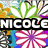 Colorful pixelated floral pattern with repeating green-and-white daisies, orange flowers, and pink-and-white pinwheels on a blue background.