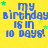 Yellow background with blue pixelated text reading 'my birthday is in 10 days!' repeated across a , green star accents scattered throughout