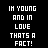 Black background with white and pink pixelated text reading "IH YOUNG AND IN LOVE THATS A FACT!" in three vertical , where the word "LOVE" is consistently highlighted in bright pink across all visible states