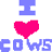 Pixel art contact sheet showing two cow characters and text "I ❤️ COWS" in blue and pink on a white background with gray transparency area.