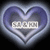 A heart-shaped icon with a gradient purple and blue outline, containing pixelated text over a dark background.