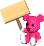 Two pink pixelated bears hold signs against a gray background; one sign is blank, the other displays red text.