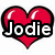 A red heart-shaped icon with white text 'Jodie Rocks!!' overlaid on a cupcake image, featuring a blonde woman in a white top.