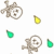 Pixelated icon set with two gray circular symbols and three teardrop shapes in yellow, green, and cyan on white background.