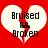 Red background with two white heart shapes, each containing the text "Bruised" above and "Broken" below a broken heart symbol.
