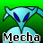 Pixelated mecha with blue eyes and a light cyan body against green gradient background, labeled 'Mecha' in bold black text.