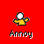 A 3x3 contact sheet of a pixelated yellow stick figure with white head and outstretched arms, displayed on seven distinct solid-colored backgrounds (red, yellow, pink, green, blue, orange, cyan) with the word "Annoy" below each icon.