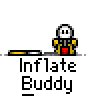 Animated contact sheet of 16 frames showing a yellow stick figure character inflating and deflating with a white balloon-like head, displayed on gray background with "Inflate Buddy" text below each frame.