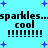 Pixelated text and symbols on a cyan background with blue starbursts, repeating 'sparkles..sparkles..cool' and multiple exclamation marks.