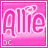 Two side-by-side pixelated images of the name 'Allie' in white script on pink background with gray 'DC' text at bottom left.