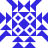 Blue and white pixelated geometric pattern with central square containing four circular motifs, surrounded by triangular and angular shapes extending outward.
