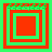 Four square display layered red and green geometric patterns with pixelated text above each , showing animation changes in the top-left corner's text