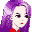 Pixelated avatar with purple hair and red lips, showing two sequential expressions: open eyes then closed eyes.
