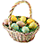 A pixelated Easter basket filled with colorful eggs on a white background, next to purple text on a green background reading "Happy easter to all" and "Jesus died on the cross".