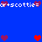 Blue background with repeated white text 'a+scottie=' flanked by red and purple pixel hearts, some hearts change color between frames.
