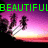 Pixelated image of two silhouetted figures on a bridge at sunset with green text reading "BEAUTIFUL ISNT IT?" against a purple-pink gradient sky.