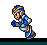 Pixel art character in blue and white armor running through three distinct poses across a gray background.