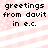 Pixelated text reads 'greetings from davit in e.c.' over a pink and white striped background with scattered dots.