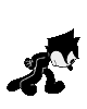 Black-and-white cartoon character in walking cycle animation with four distinct poses showing forward motion.
