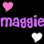 Pixelated text 'maggie maggie' in purple with four hearts—two pink, two white—on a black background.