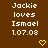 Brown background with white pixelated text reading "Jackie loves Ismael 1.07.08" and yellow heart symbols in a