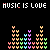 Static pixel art displays 'MUSIC IS LOVE' text above a repeating of colorful heart-shaped audio equalizer bars on black background