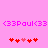 <33Paul<33 text in bright pink pixelated font on light pink background with two of red and pink heart icons below